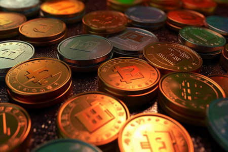 Golden coins on a dark background. Cryptocurrency concept. 3D Renderingの素材