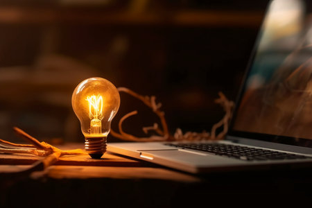 Laptop and light bulb on wooden table in dark room. Business idea concept.の素材