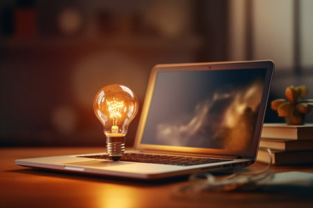 Laptop with a glowing light bulb on a wooden table in the kitchenの素材