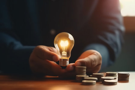 Businessman hand holding light bulb and coin stack on table in the officeの素材