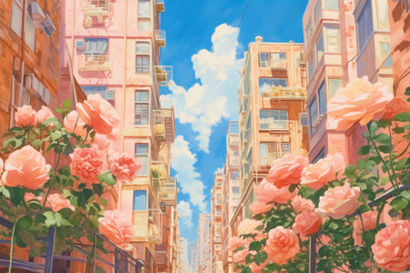 New York City street view with blooming rose flowers in USA.の素材