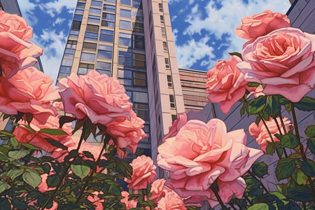 Digital painting of pink roses on the background of the modern buildings.の素材
