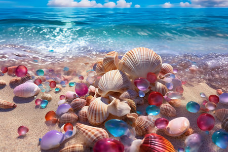 Seashells on the sandy beach. Summer vacation concept.の素材