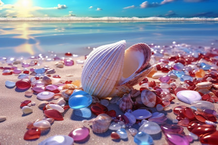 Seashells and stones on the beach at sunset time.の素材