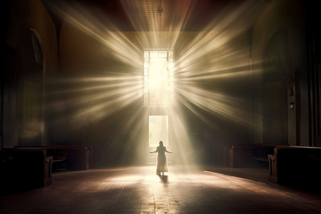 Silhouette of a woman praying in a church with rays of lightの素材