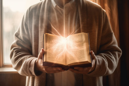 Man reading the holy bible in the dark room with light rays coming from the windowの素材