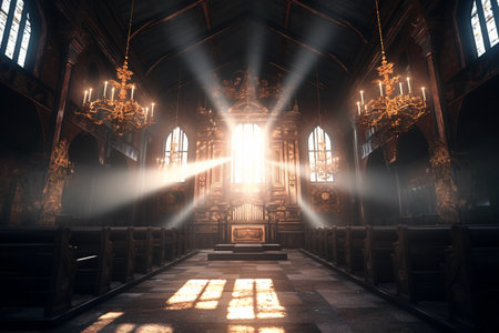 Church interior in the rays of the sun. 3d rendering.の素材