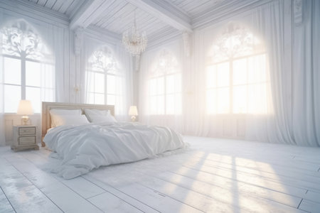 3d rendering of a white bedroom with a large window in the backgroundの素材