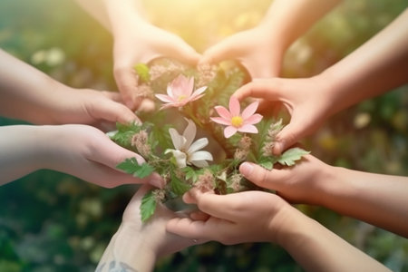Group of people hands holding a flower bouquet in the garden.の素材