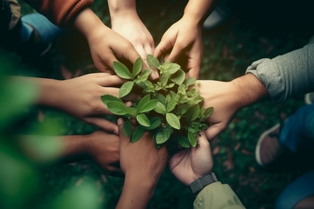 Group of people holding tree in hands. Teamwork and friendship concept.の素材