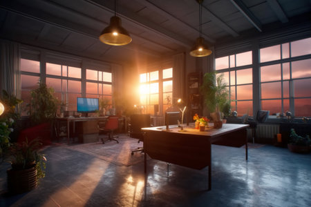 Working space in a modern office at sunset. 3d rendering.の素材
