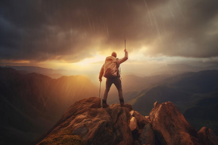 Hiker with trekking poles in hand on the top of the mountainの素材