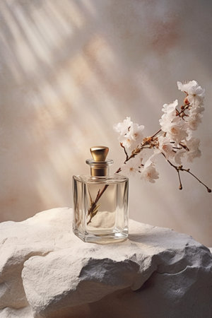 Perfume bottle with blooming branch on white stone background.の素材