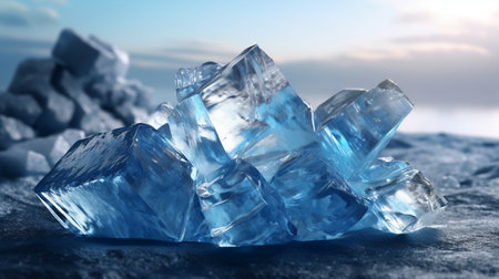 Ice cubes on the sea background. 3d rendering, 3d illustration.の素材