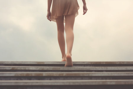 Legs of young woman in beige dress walking up stairs.の素材