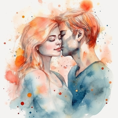 Watercolor portrait of a young couple in love. Digital watercolor painting.の素材