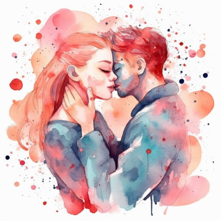 Young couple in love kissing and hugging each other. Watercolor illustrationの素材