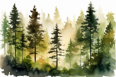 Watercolor forest landscape with fog and trees. Digital art painting.の素材