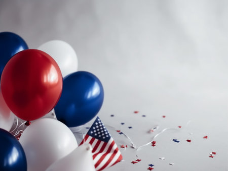 independence day background with red, blue and white balloons and american flagの素材