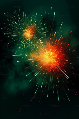 Fireworks on a dark green background with space for your text.の素材