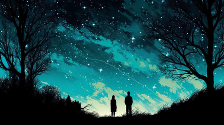 Silhouette of couple in the night forest with starry skyの素材