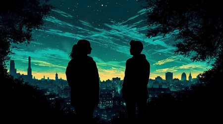 Silhouette of young couple looking at night city and starry skyの素材