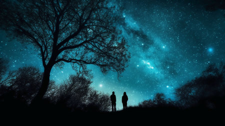 Silhouette of couple against night sky with stars and milky wayの素材