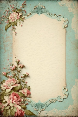 Vintage background with roses and lace frame. Photo in old image style.の素材