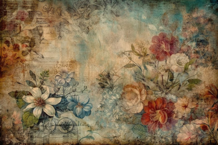 Vintage floral background with grunge paper texture and space for textの素材