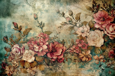 Vintage floral background with flowers and grunge textured paper.の素材