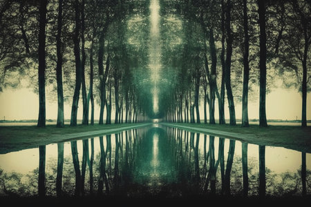 Reflection of trees in a lake in the middle of the forestの素材