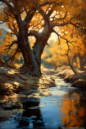 Autumn landscape with river and old oak trees. Digital painting.の素材