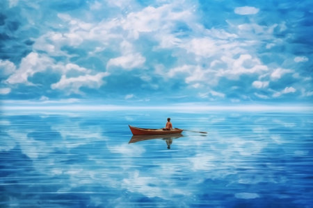 Man in a boat on the sea with blue sky and clouds.の素材