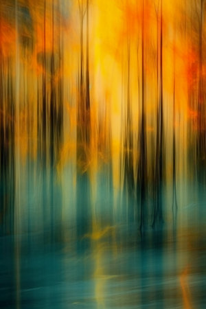 Abstract image of a forest in autumn. Colorful trees in motion blur.の素材