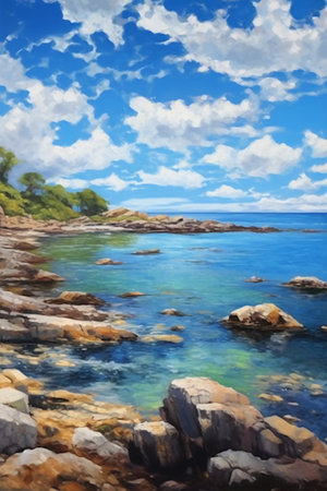 Digital painting of a seascape with rocks and blue sky.の素材