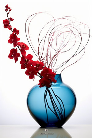 Red orchids in a blue vase on a white backgroundの素材