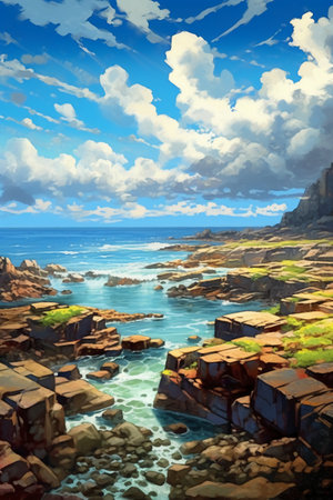 beautiful seascape with rocky coast and blue sky - digital paintingの素材