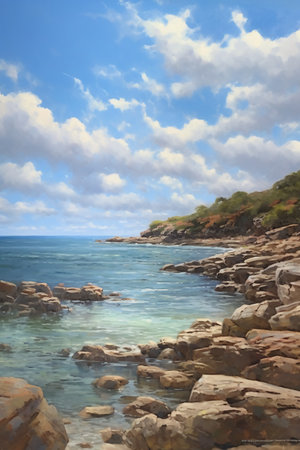 Seascape with rocky shore and blue sky with white clouds.の素材