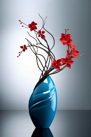 3d render of vase with red flowers over gray background.の素材