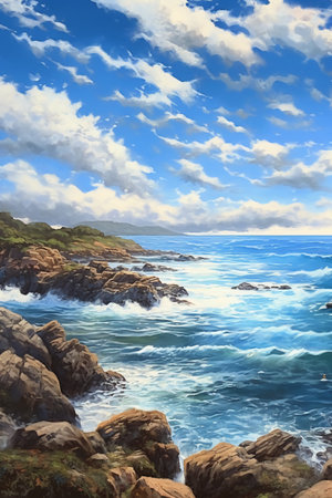 beautiful seascape with blue sky and clouds. digital paintingの素材