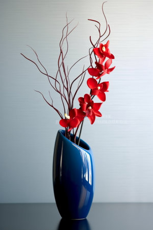 Beautiful red orchid in blue vase on gray background.の素材