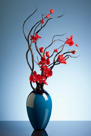 Vase with red orchids on blue background. 3d illustrationの素材