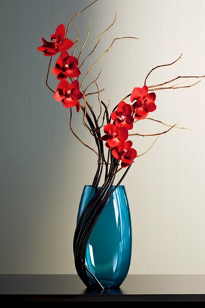 Vase with red orchids on the table against the wallの素材