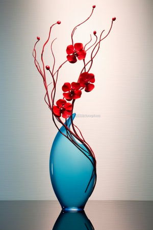 Red orchids in blue vase, 3D illustration.の素材
