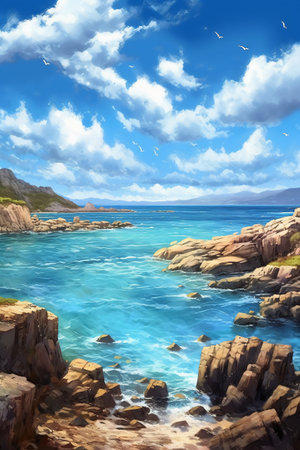 Beautiful seascape with blue sea and sky, digital paintingの素材