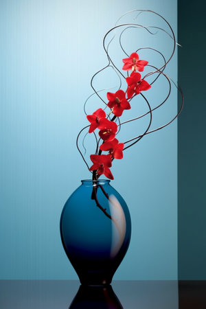 Red orchid in a vase on a blue gradient background.の素材