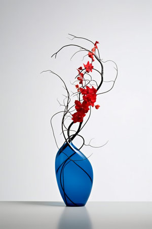 Blue vase with red flowers on white background. 3D renderingの素材