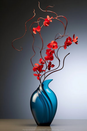 Blue vase with red orchids on a gray background.の素材