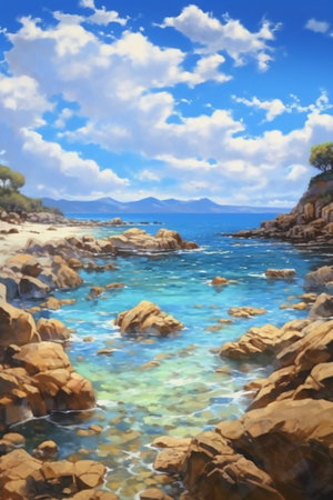 beautiful seascape on a sunny day with blue sky and cloudsの素材
