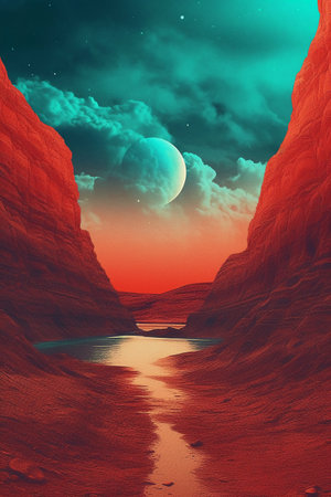 Fantasy alien planet. Mountain and river. 3D illustration.の素材